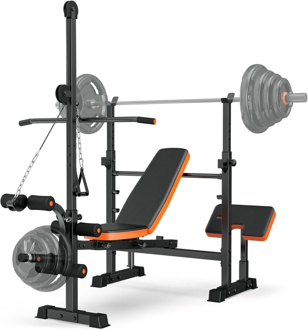 Bench Press Set, 880LBS Adjustable Weight Bench with Leg Extension and Preacher Curl Pad, 8 IN 1 Multi-Function Gym Bench with LAT Pulldown Pulley System, Full-Body Workout Home Gym Equipment