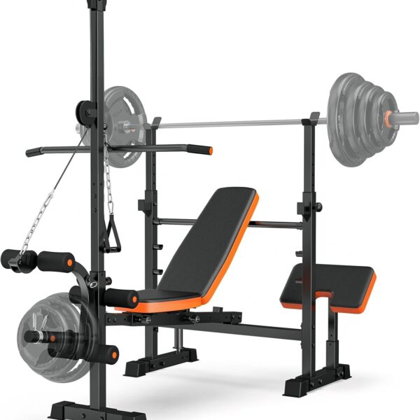 Bench Press Set, 880LBS Adjustable Weight Bench with Leg Extension and Preacher Curl Pad, 8 IN 1 Multi-Function Gym Bench with LAT Pulldown Pulley System, Full-Body Workout Home Gym Equipment