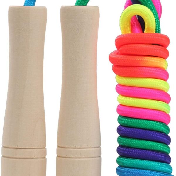 Jump Rope Kids, 8.5ft Adjustable Cotton Skipping Rope with Wooden Handle for Boys and Girls Fitness Outdoor Exercise (Rainbow color)