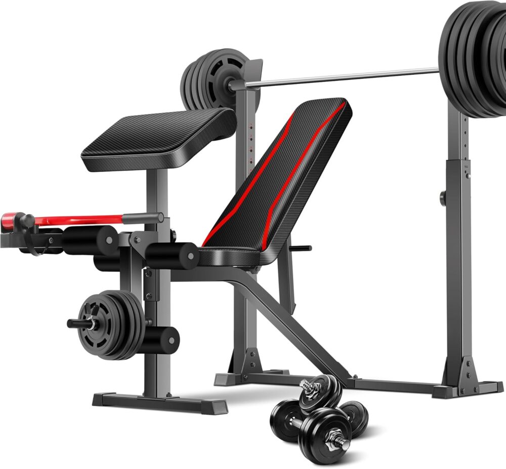 Weight Bench, 900 LBS Adjustable Weight Bench and Squat Rack, Bench Press Set with Leg Extension, Preacher Curl Pad, Workout Bench for Home Gym