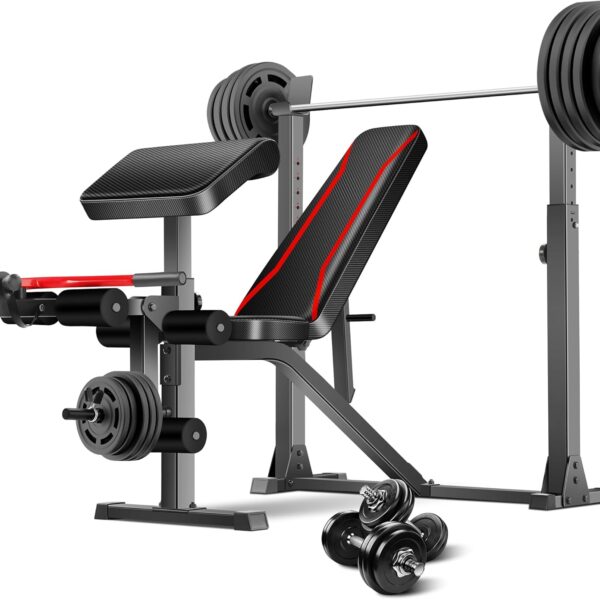 Weight Bench, 900 LBS Adjustable Weight Bench and Squat Rack, Bench Press Set with Leg Extension, Preacher Curl Pad, Workout Bench for Home Gym