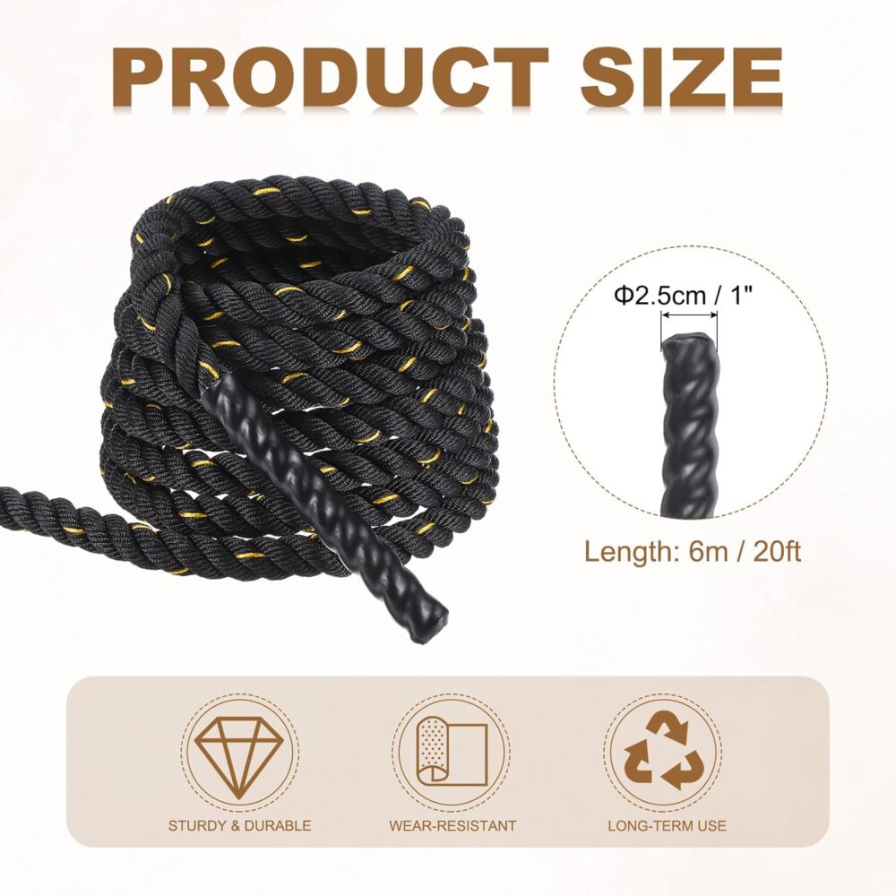 Battle Rope 20ft x 1 Inch Polyester Workout Rope Heavy Fitness Exercise Rope for Strength Training Home Gym Muscle Building, Black Yellow - Image 2