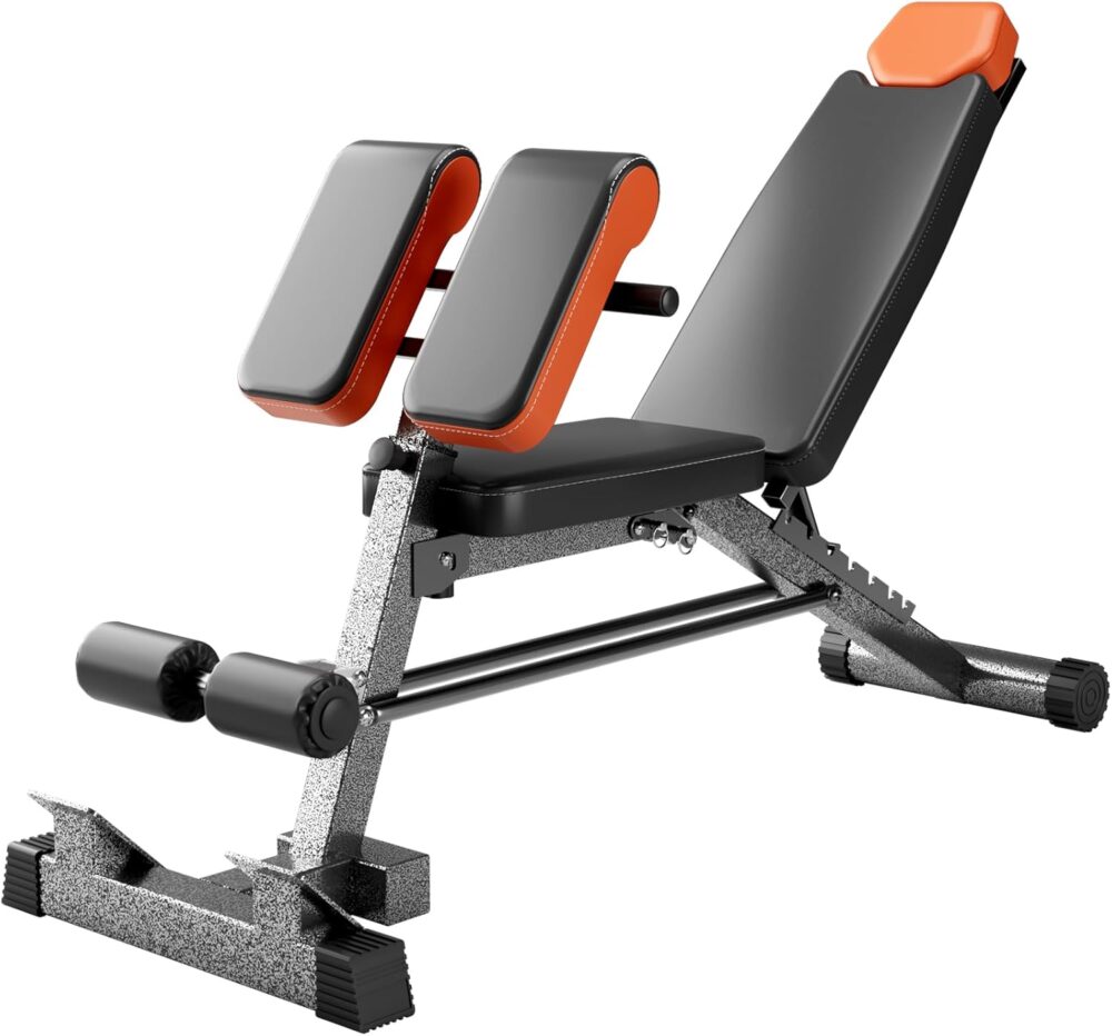 Adjustable Weight Bench 1000LBS– Multi-Functional Full Body Workout Equipment: Hyperextension, Roman Chair, Sit-Up Bench, Incline & Decline Bench, Flat Bench For Home Gym（Black and Orange）