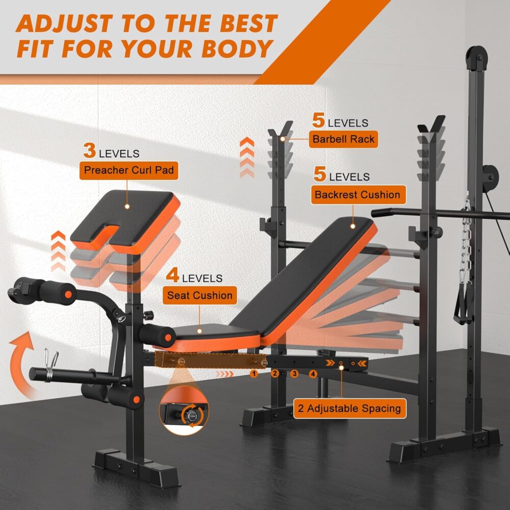 Bench Press Set, 880LBS Adjustable Weight Bench with Leg Extension and Preacher Curl Pad, 8 IN 1 Multi-Function Gym Bench with LAT Pulldown Pulley System, Full-Body Workout Home Gym Equipment - Image 2