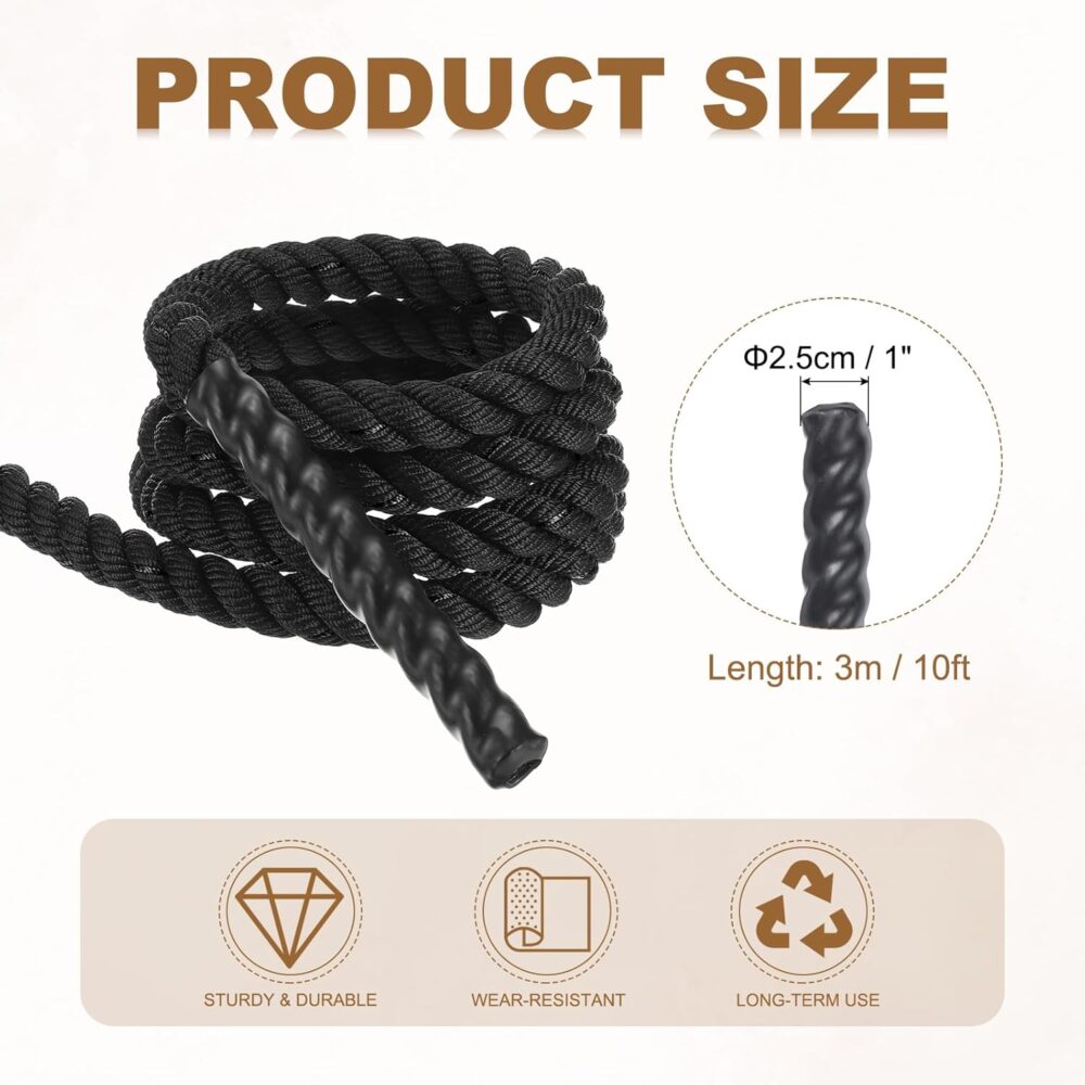 Battle Rope 10ft x 1 Inch Polyester Workout Rope Heavy Fitness Exercise Rope for Strength Training Home Gym Muscle Building, Black - Image 2