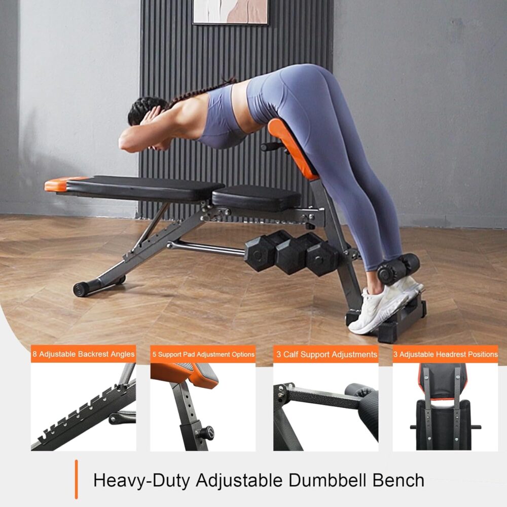 Adjustable Weight Bench 1000LBS– Multi-Functional Full Body Workout Equipment: Hyperextension, Roman Chair, Sit-Up Bench, Incline & Decline Bench, Flat Bench For Home Gym（Black and Orange） - Image 2