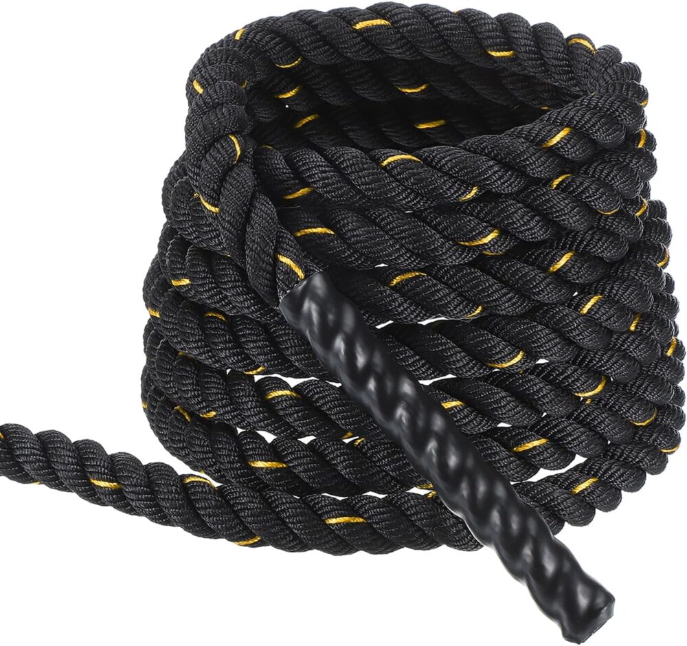 Battle Rope 20ft x 1 Inch Polyester Workout Rope Heavy Fitness Exercise Rope for Strength Training Home Gym Muscle Building, Black Yellow